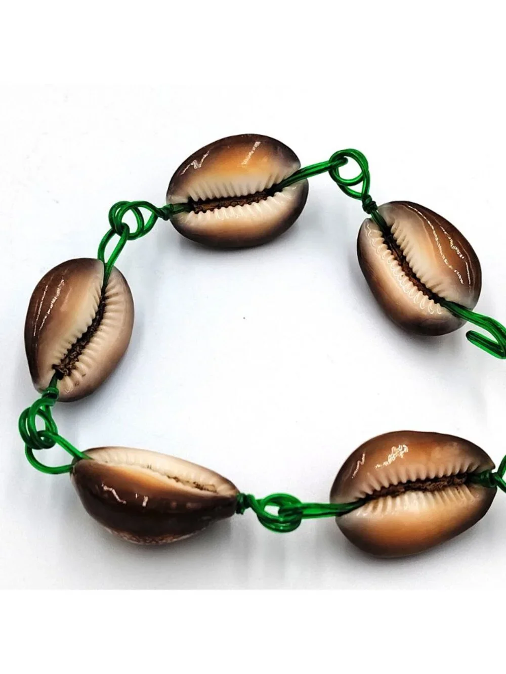 Vintage Handmade Cowrie Shell Bracelet Green Wire Boho Beach Coastal Jewelry